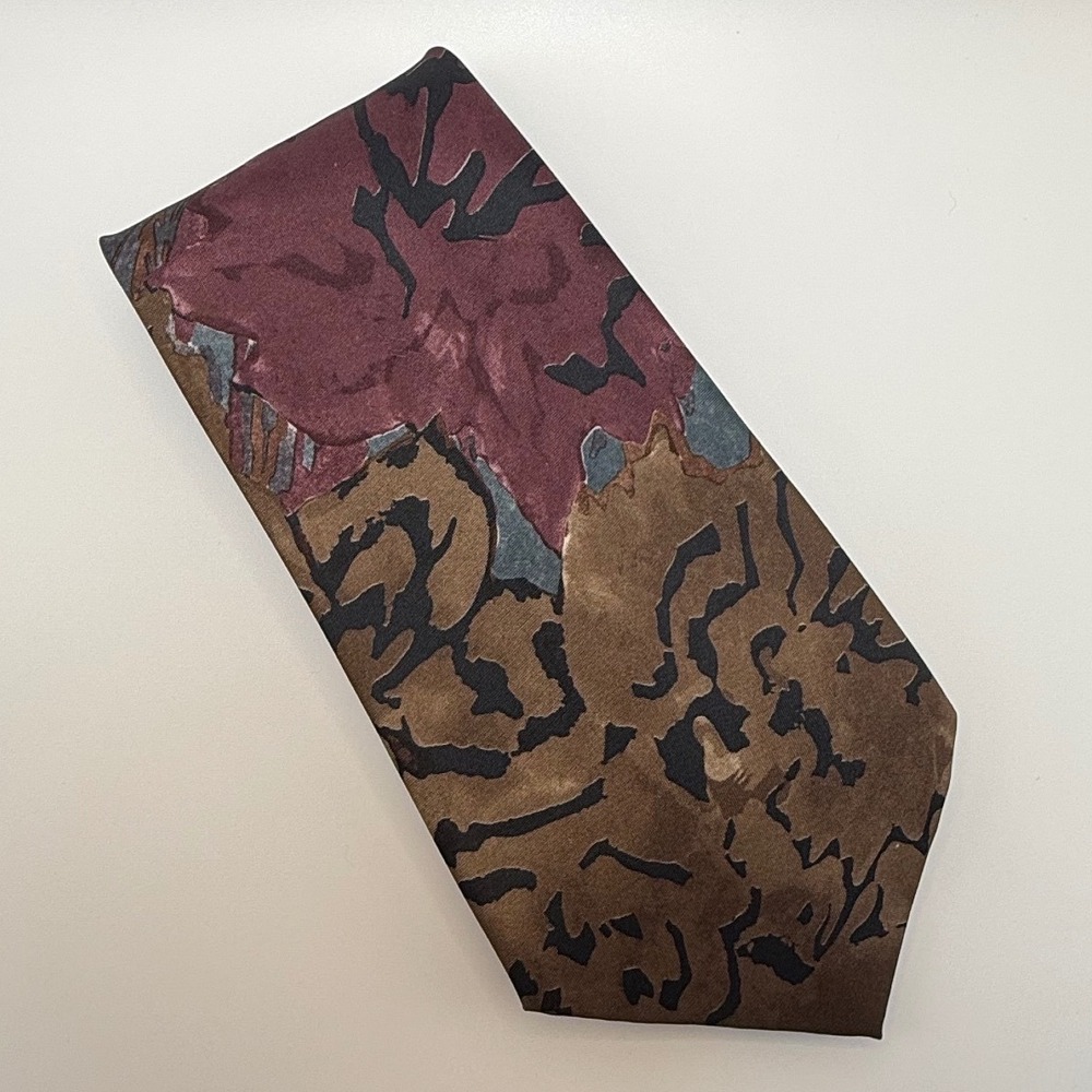Italian Silk Necktie OS Abstract Earth Tone Camo Painterly Artistic Handmade